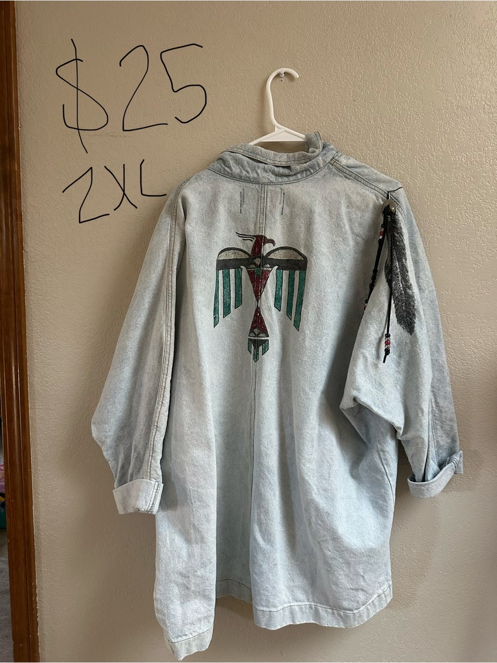 Vintage Light Wash Denim Jacket with Southwestern Thunderbird Graphic